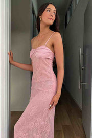 Pink Spaghetti Straps Lace Appliques Sleeveless Long Prom Dress