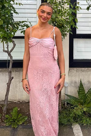 Pink Spaghetti Straps Lace Appliques Sleeveless Long Prom Dress