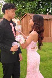 Pink V-Neck Mermaid Spaghetti Straps Appliques Ruffles Long Prom Dress