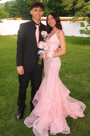 Pink V-Neck Mermaid Spaghetti Straps Appliques Ruffles Long Prom Dress