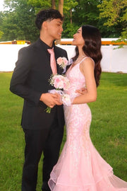 Pink V-Neck Mermaid Spaghetti Straps Appliques Ruffles Long Prom Dress