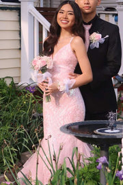 Pink V-Neck Mermaid Spaghetti Straps Appliques Ruffles Long Prom Dress