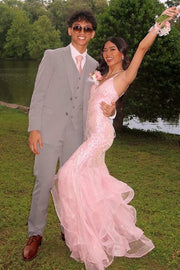 Pink V-Neck Mermaid Spaghetti Straps Appliques Ruffles Long Prom Dress