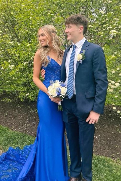 Royal Blue V-Neck Appliques Mermaid Sleeveless Long Prom Dress with Train