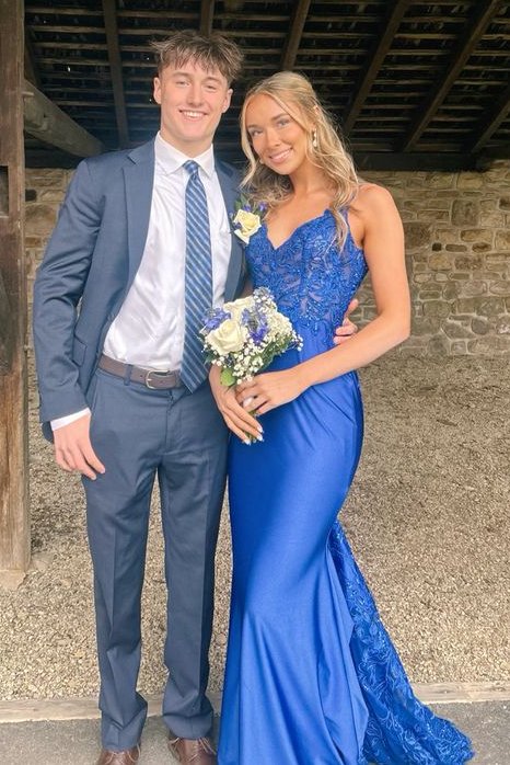 Royal Blue V-Neck Appliques Mermaid Sleeveless Long Prom Dress with Train
