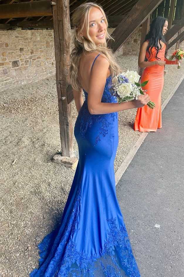 Royal Blue V-Neck Appliques Mermaid Sleeveless Long Prom Dress with Train