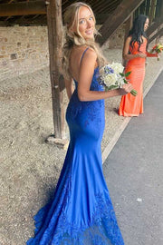 Royal Blue V-Neck Appliques Mermaid Sleeveless Long Prom Dress with Train