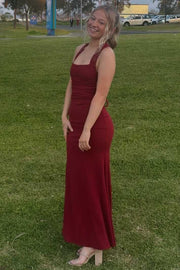 Elegant Straps Square Neck Pleats Satin Long Formal Prom Dress