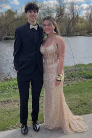 Stunning Off-Shoulder Glitter Mermaid Sequins Sleeveless Long Prom Dress