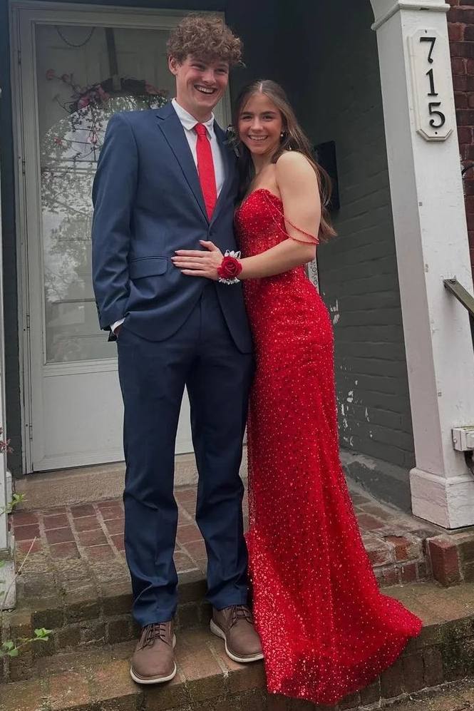 Stunning Off-Shoulder Glitter Mermaid Sequins Sleeveless Long Prom Dress