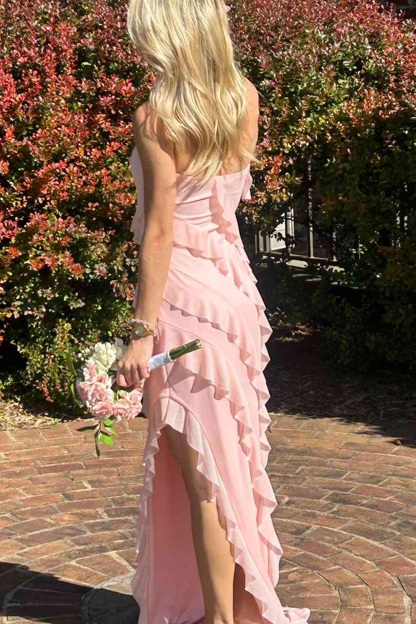 Pink Strapless Ruffles Chiffon Side Slit Sleeveless Long Prom Dress