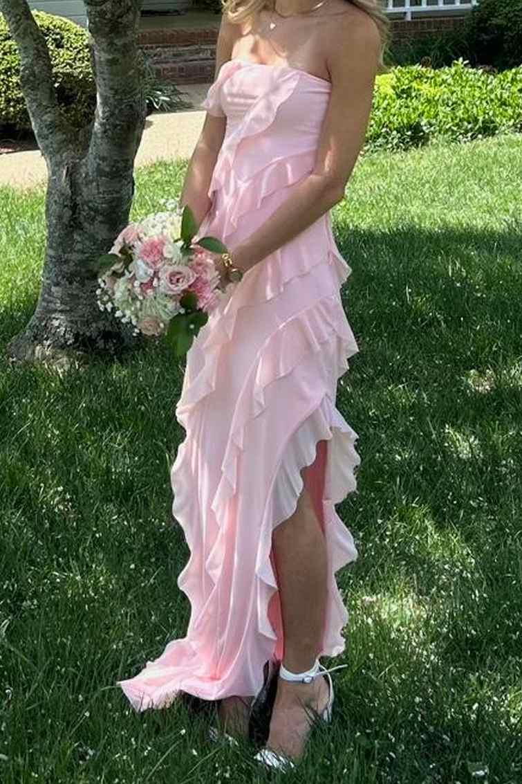 Pink Strapless Ruffles Chiffon Side Slit Sleeveless Long Prom Dress