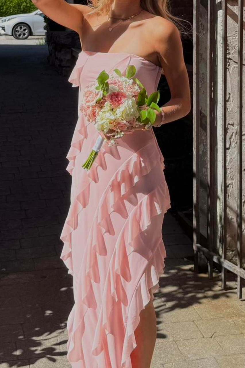 Pink Strapless Ruffles Chiffon Side Slit Sleeveless Long Prom Dress