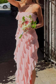 Pink Strapless Ruffles Chiffon Side Slit Sleeveless Long Prom Dress