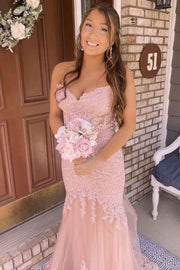 Pink Lace Appliques Strapless Sleeveless Mermaid Tulle Prom Dress