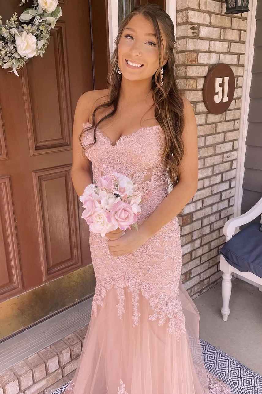Pink Lace Appliques Strapless Sleeveless Mermaid Tulle Prom Dress