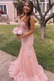 Pink Lace Appliques Strapless Sleeveless Mermaid Tulle Prom Dress