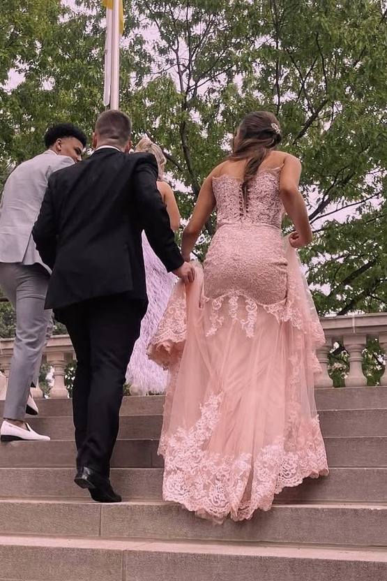 Pink Lace Appliques Strapless Sleeveless Mermaid Tulle Prom Dress