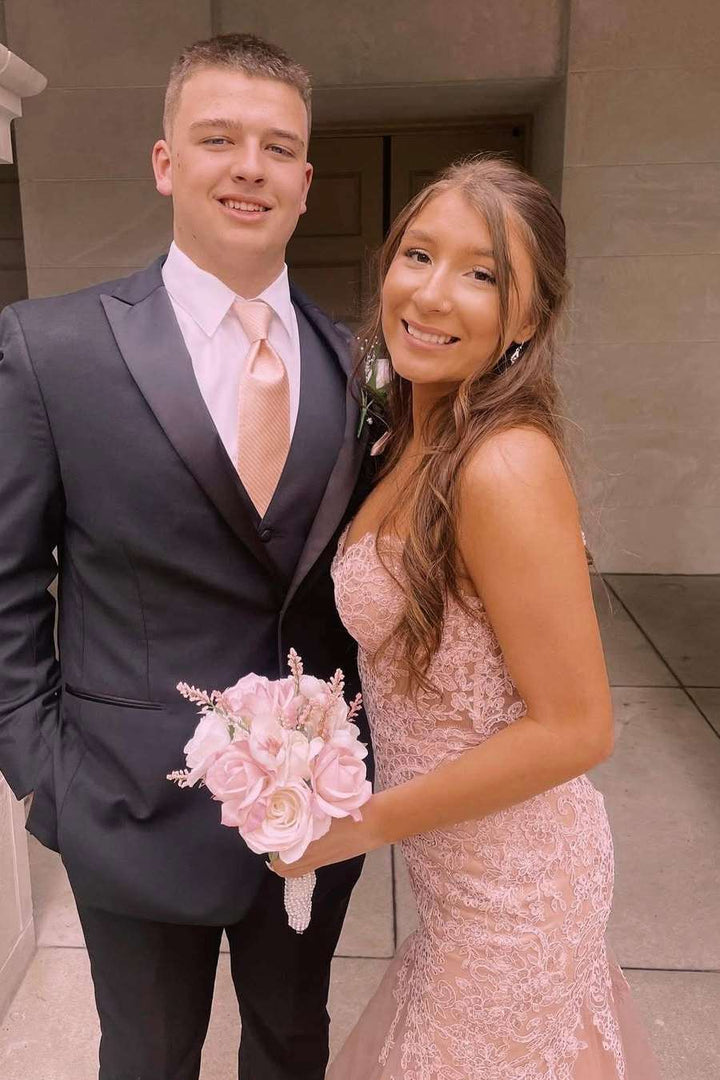 Pink Lace Appliques Strapless Sleeveless Mermaid Tulle Prom Dress