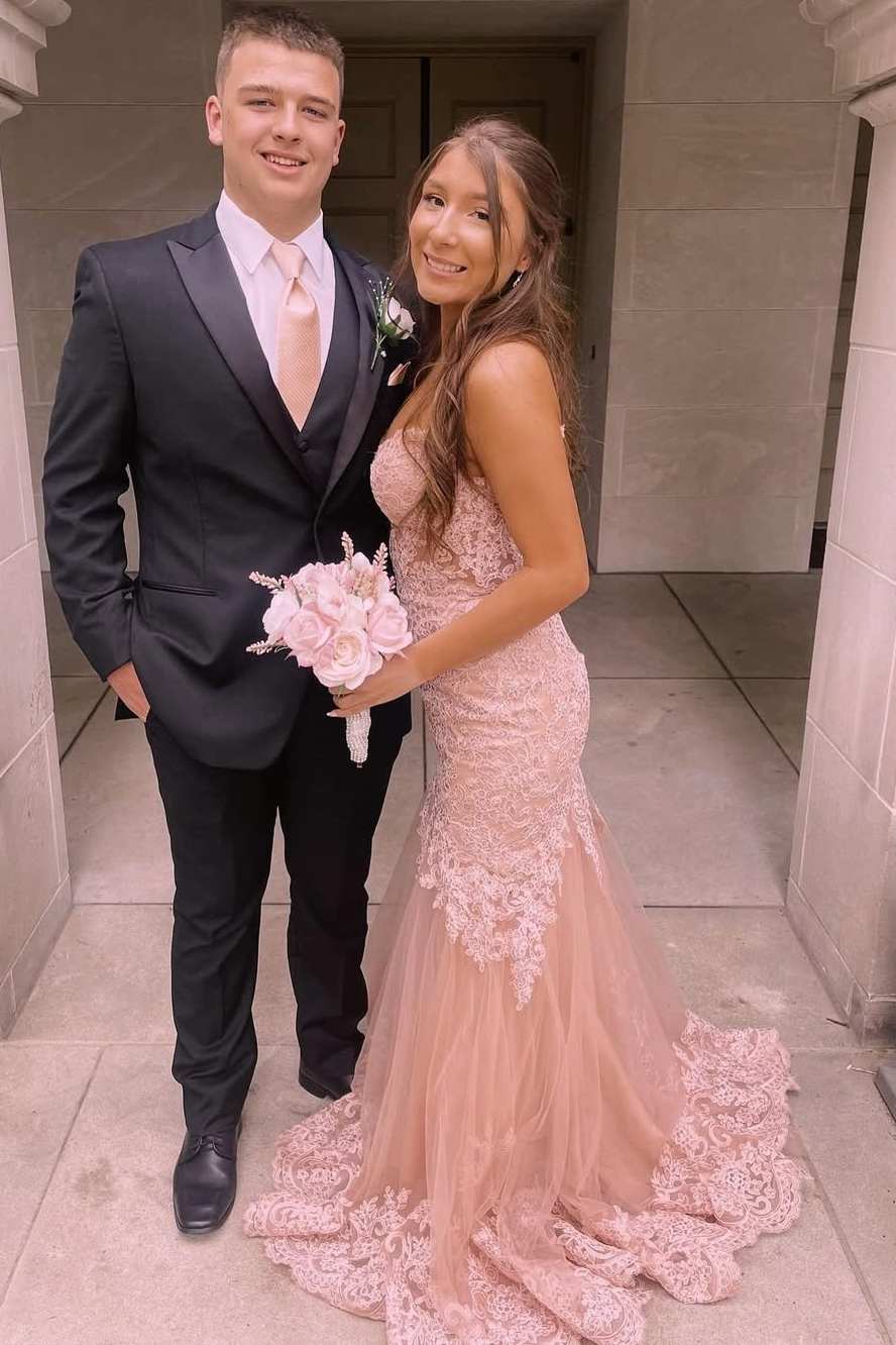 Pink Lace Appliques Strapless Sleeveless Mermaid Tulle Prom Dress