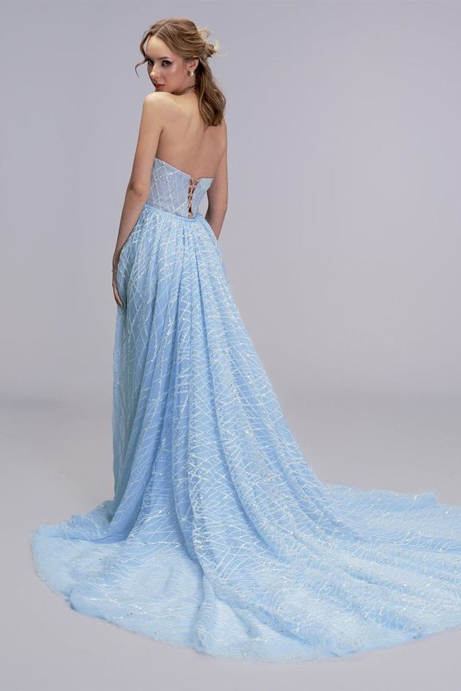 Blue A-Line Strapless Beaded High Slit Sleeveless Long Prom Formal Dress