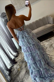 Strapless A-Line V-Neck Tiered Ruffles Lace Appliques Prom Dress with Slit