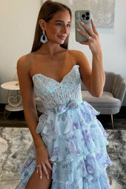 Strapless A-Line V-Neck Tiered Ruffles Lace Appliques Prom Dress with Slit