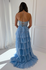Strapless A-Line V-Neck Tiered Ruffles Lace Appliques Prom Dress with Slit