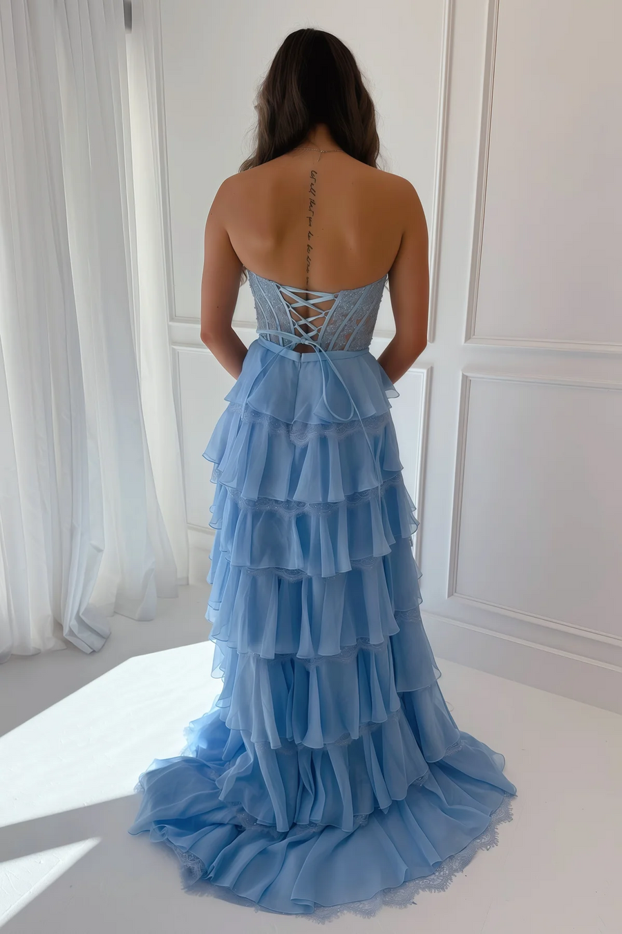 Strapless A-Line V-Neck Tiered Ruffles Lace Appliques Prom Dress with Slit