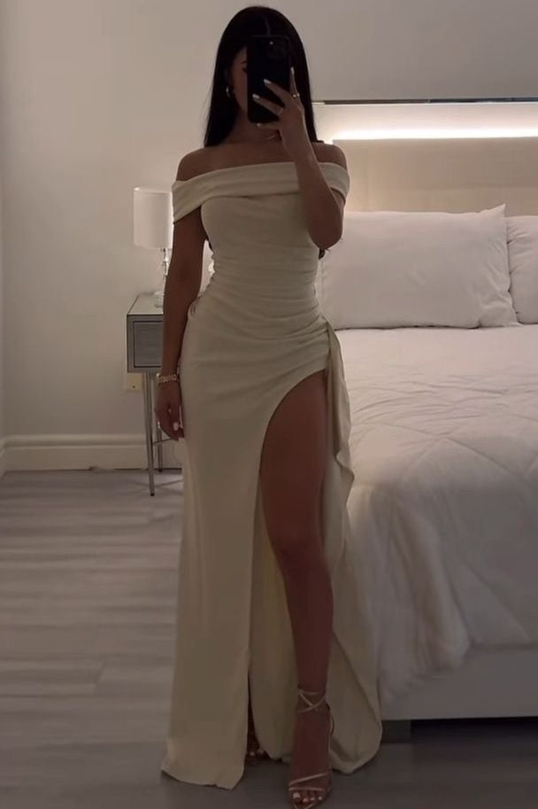 Pink Off-Shoulder Satin Pleats High Slit Long Party Prom Dress