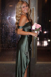 Pink Off-Shoulder Satin Pleats High Slit Long Party Prom Dress