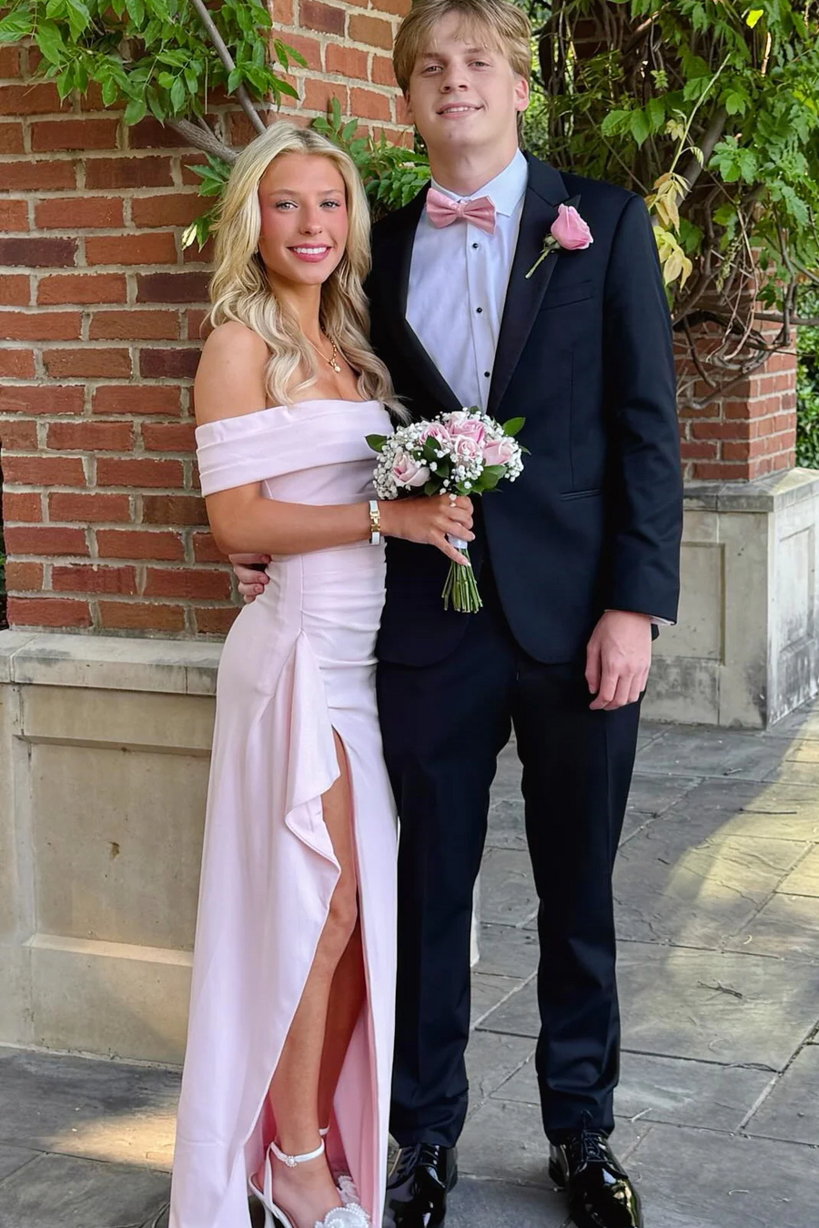 Pink Off-Shoulder Satin Pleats High Slit Long Party Prom Dress