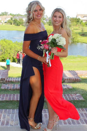 Pink Off-Shoulder Satin Pleats High Slit Long Party Prom Dress