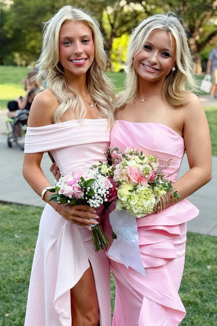 Pink Off-Shoulder Satin Pleats High Slit Long Party Prom Dress