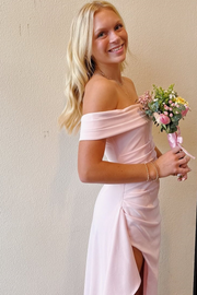 Pink Off-Shoulder Satin Pleats High Slit Long Party Prom Dress