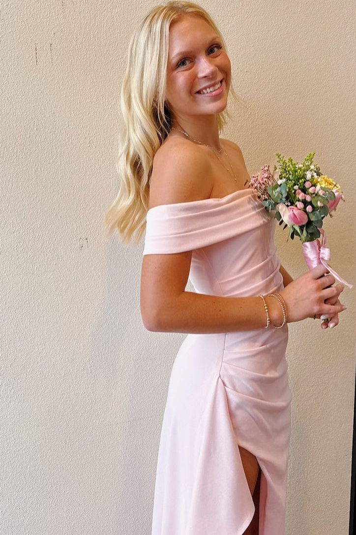 Pink Off-Shoulder Satin Pleats High Slit Long Party Prom Dress