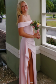Pink Off-Shoulder Satin Pleats High Slit Long Party Prom Dress