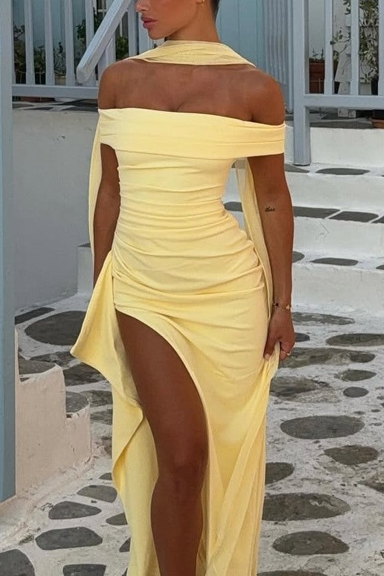 Pink Off-Shoulder Satin Pleats High Slit Long Party Prom Dress