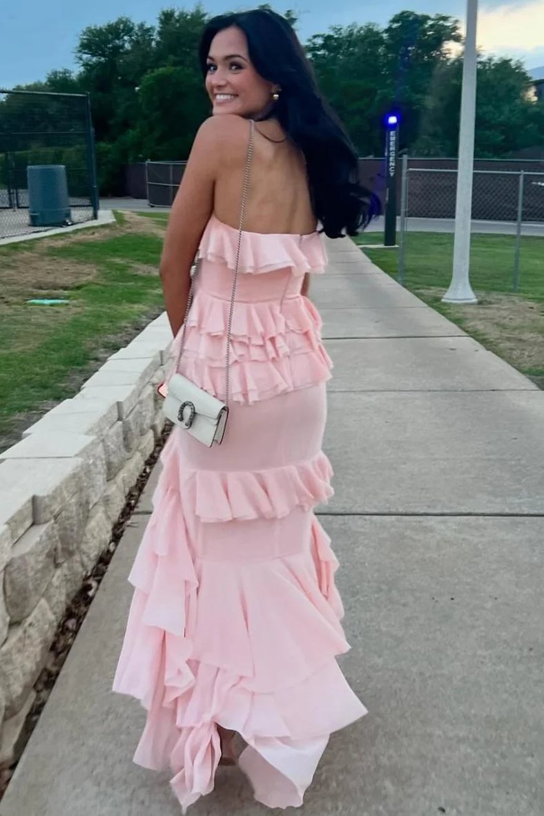 Elegant Ruffles Strapless Sleeveless Layered Long Party Prom Dress
