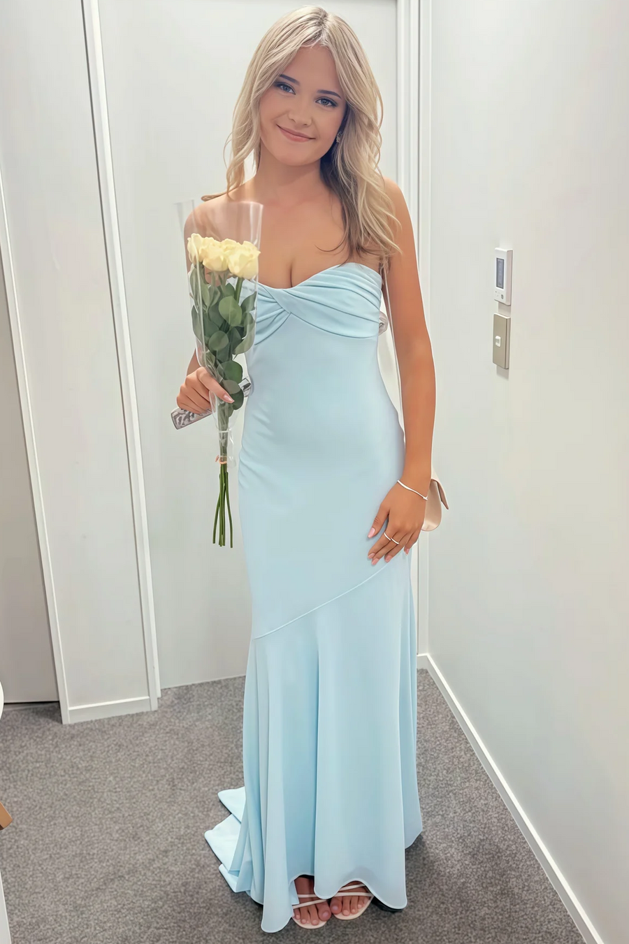 Blue Strapless Keyhole Satin Sleeveless Mermaid Long Prom Dress