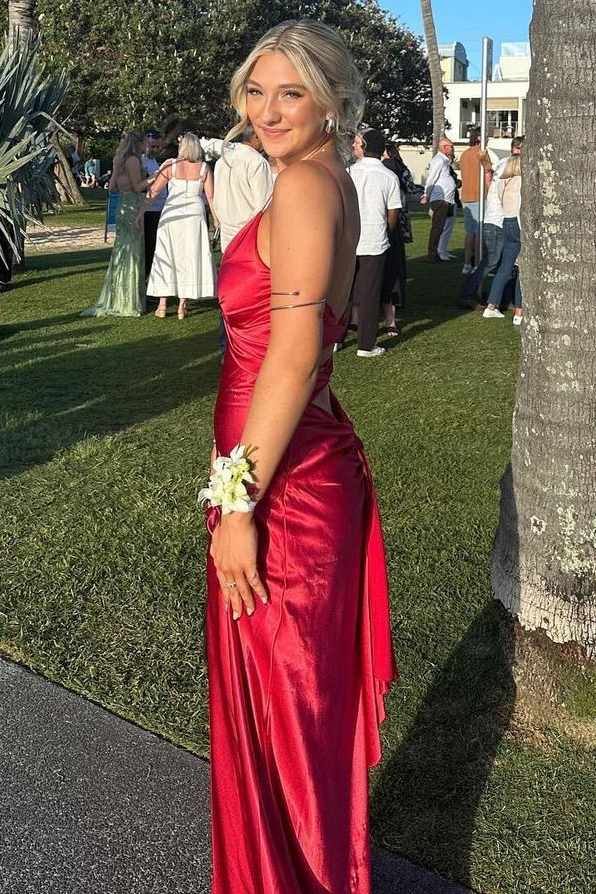 Spaghetti Straps V-Neck Pleats Satin Sleeveless Long Prom Dress with Slit