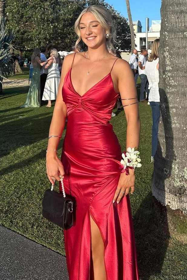 Spaghetti Straps V-Neck Pleats Satin Sleeveless Long Prom Dress with Slit