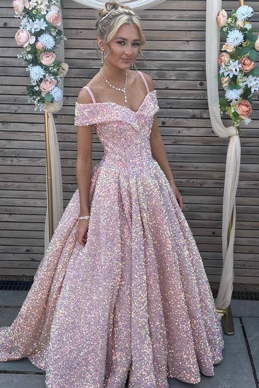 Pink Off-Shoulder V-Neck A-Line Sequined Pleats Empire-Waist Prom Dress