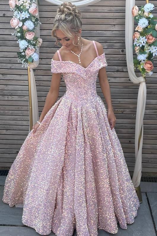 Pink Off-Shoulder V-Neck A-Line Sequined Pleats Empire-Waist Prom Dress