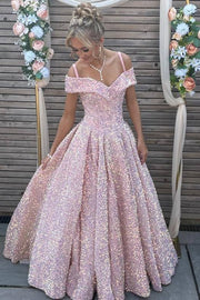 Pink Off-Shoulder V-Neck A-Line Sequined Pleats Empire-Waist Prom Dress