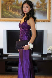 Purple Spaghetti Straps Pleats V-Neck Appliques Long Prom Dress with Slit