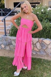 Pink A-Line Strapless Tiered Sleeveless High Slit Long Prom Dress