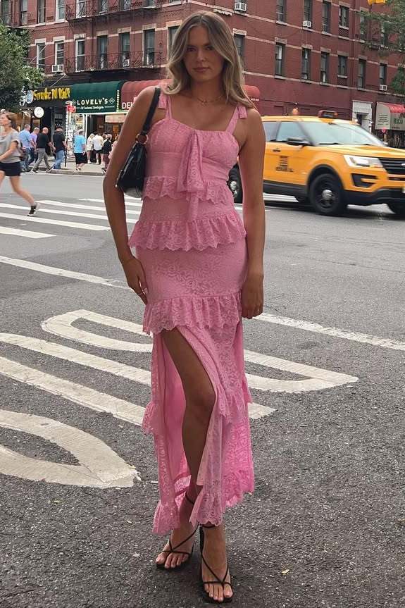 Sheath Straps Ruffles Lace Sleeveless Long Formal Prom Dress with Slit