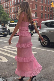 Sheath Straps Ruffles Lace Sleeveless Long Formal Prom Dress with Slit