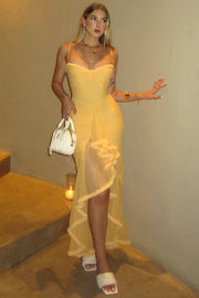 Spaghetti Straps Ruffles Sleeveless Tulle Long Party Prom Dress